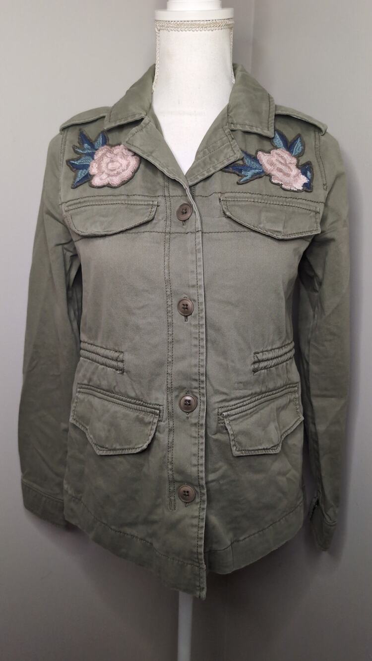Abercrombie Embroidered Y2K Utility Jacket XS Olive Green Floral